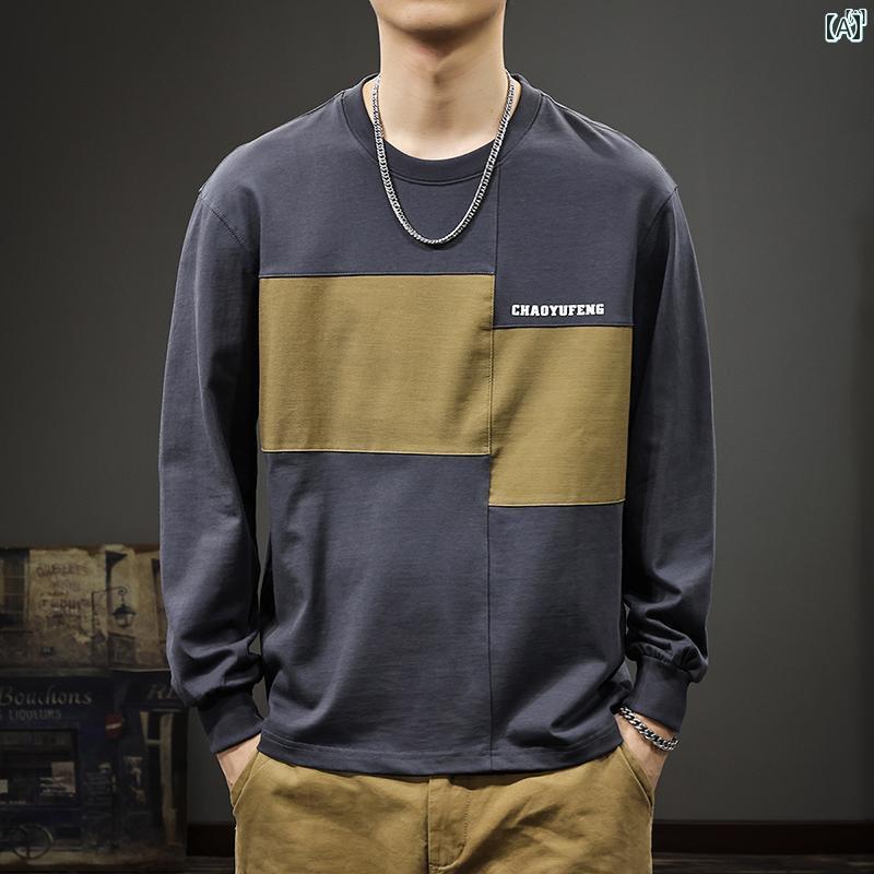 メンズ　男性 ファッション 韓国 オシャレ たり 大歳ストリート 秋 カラーマッチング 長袖 Tシャツ アメカジ スウェットシャツ ヘビーウェイト コットン ボトム シャツ