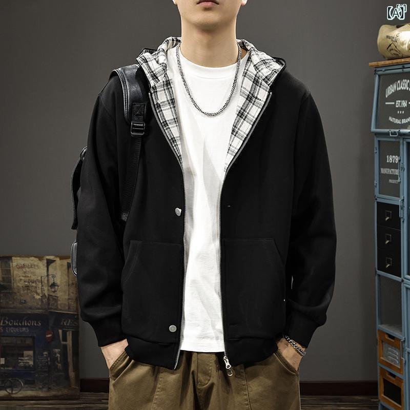 メンズ　ファッション　オシャレ　男性　大歳ストリート 春秋 フード付き カーディガン スウェットシャツ メンズ アメリカン ファッションカレッジ スプライシング チェック柄 秋 カジュアル ジャケット
