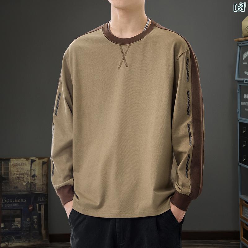 メンズ　ファッション　オシャレ　男性　大歳ストリート アメリカ カラー スプライシング 長袖 Tシャツ 秋 厚手 コットン ラウンドネック ボトム シャツ カジュアル スウェットシャツ