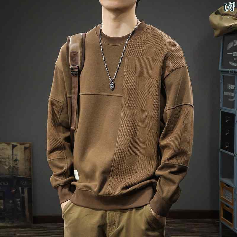 メンズ　ファッション　オシャレ　男性　大歳ストリート 秋 パッチワーク メンズ スウェットシャツ アメカジ 長袖 Tシャツ ヘビーウェイト ラウンドネック トップ