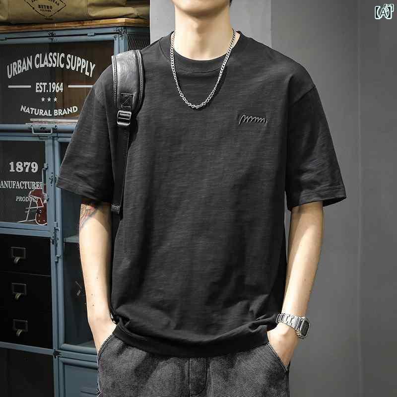 メンズ ファッション オシャレ 男性 大歳ストリート アメリカン レトロ 竹 コットン メンズ 半袖 Tシャツ シンプル 刺繍入り 夏用 薄手 トップス たり 大きいサイズ