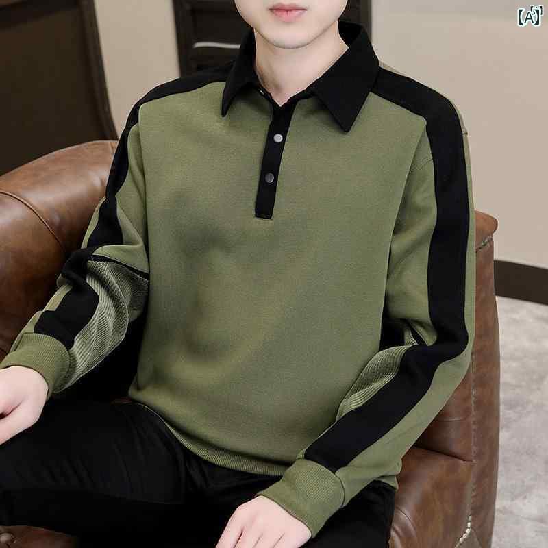 メンズ　ファッション　韓国ファッション　オシャレ　カジュアル　男性用　大歳 春秋 ポロ カラー パッチワーク スウェットシャツ ハイエンド ファッション 長袖 シャツ トップ