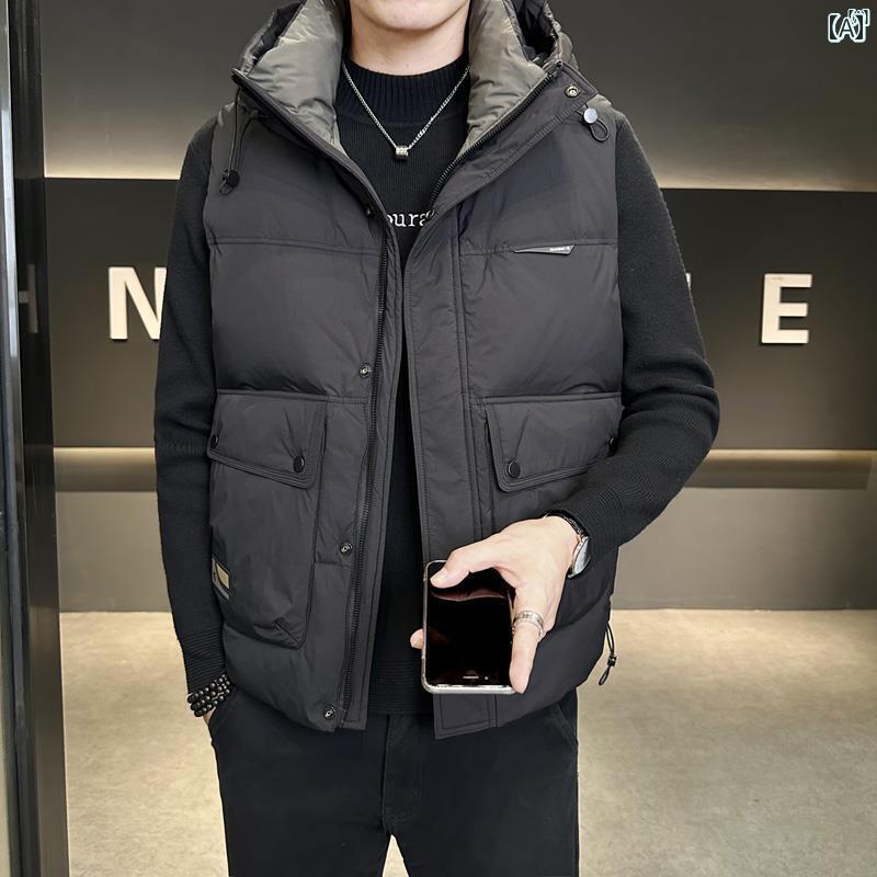 メンズ　ファッション　韓国ファッション　オシャレ　カジュアル　男性用　大歳 スタンドカラー ダウン ベスト ジャケット メンズ 秋冬 作業着 フード付き 暖かい トップ