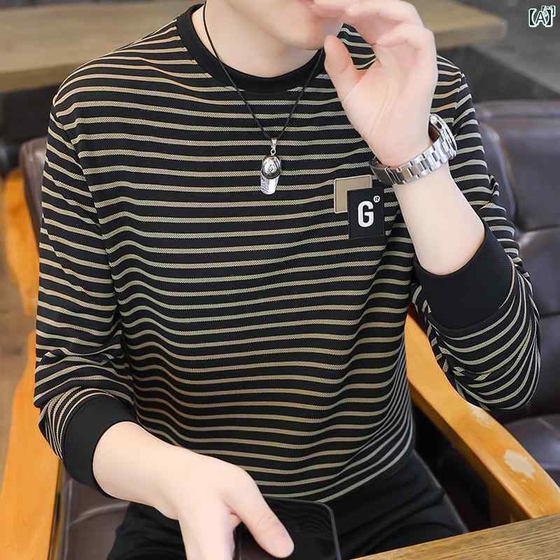 メンズ　ファッション　韓国ファッション　オシャレ　カジュアル　男性用　大歳 ラウンドネック 長袖 ストライプ スウェットシャツ 男性用 秋冬 ベルベット 厚手 カジュアル ボトム シャツ トップ