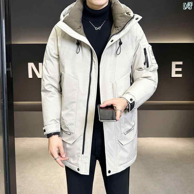 メンズ　ファッション　韓国ファッション　オシャレ　カジュアル　男性用　大歳 ミドル丈 ダウン ジャケット メンズ 冬 フード付き ハイエンド 厚手
