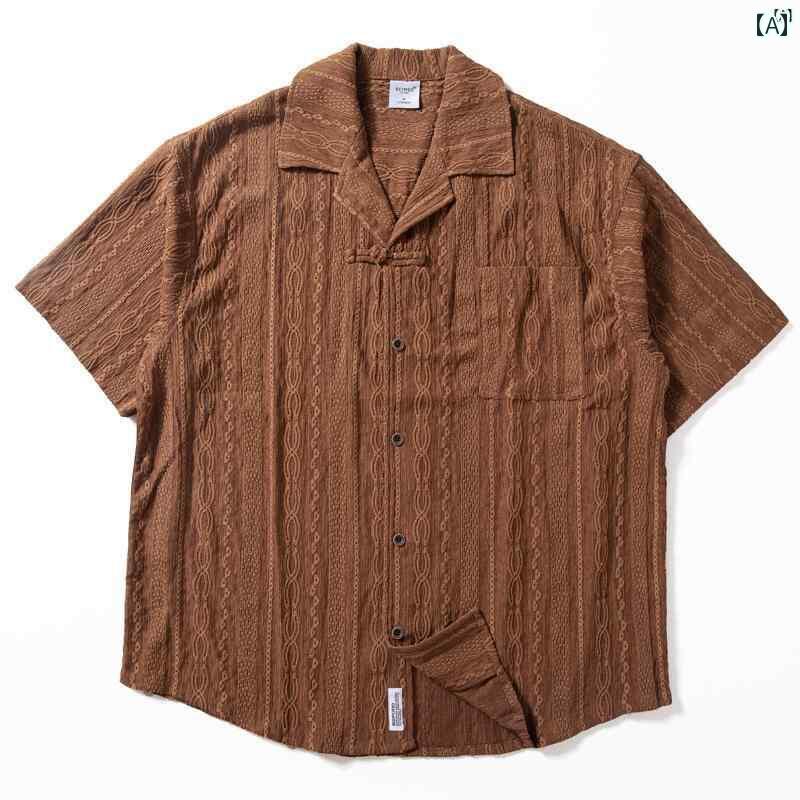 メンズ ファッション 男性用 カジュアル オシャレ メンズ 半袖 シャツ レトロ 肌 優しい 通気性 トップス 和風 ジャカード 織り エスニック