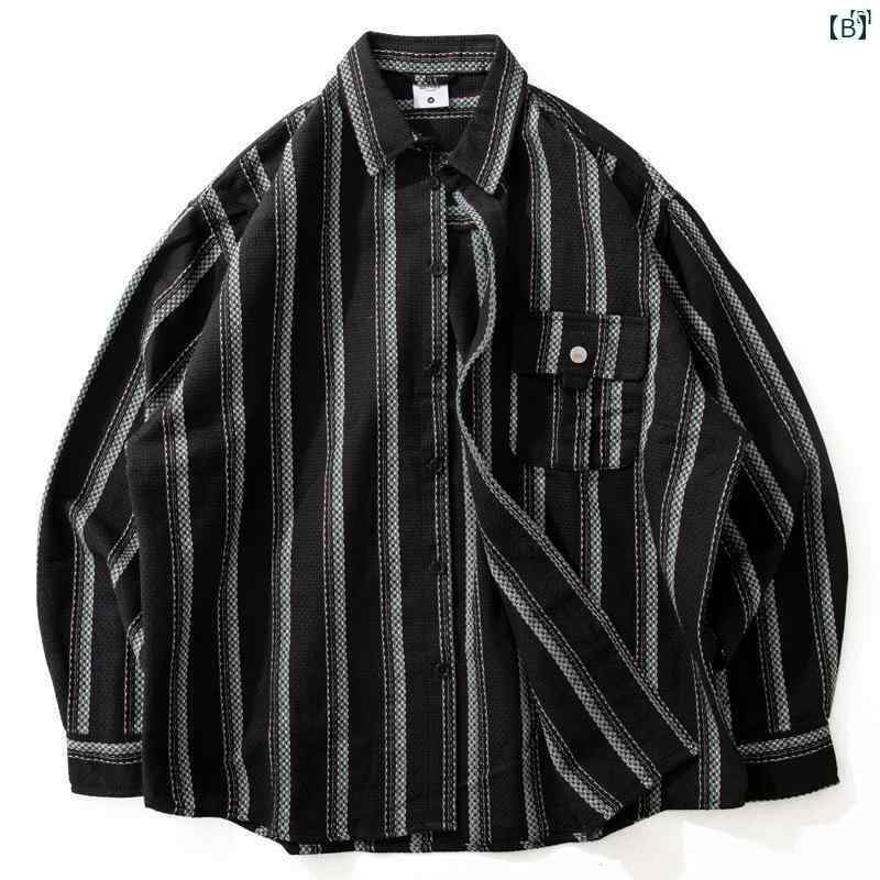 メンズ　ファッション　男性用　カジュアル　オシャレ ストライプシャツ メンズ 長袖 春秋 文学 レトロ 織り テクスチャ トップ カジュアル シャツ ジャケット