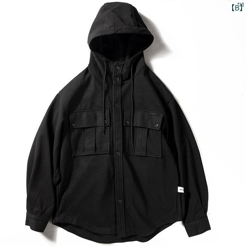 メンズ　ファッション　男性用　カジュアル　オシャレ ジャケット メンズ 春秋 厚手 ウール フード付き トップ シングルブレスト レトロ カジュアル ワークウェア