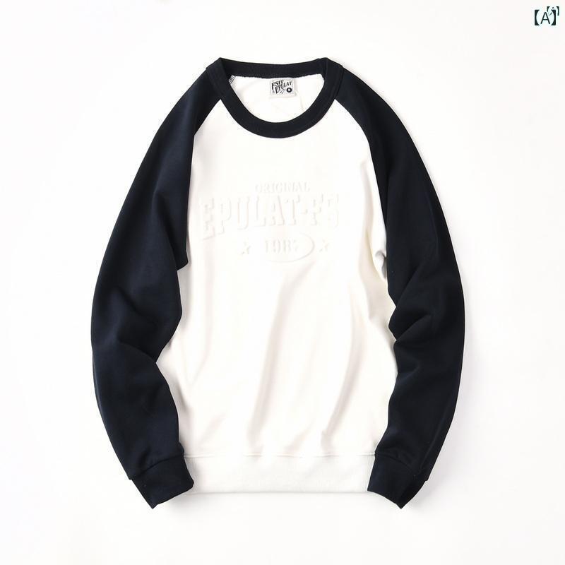 メンズ　男性　メンズファッション　オシャレ　カジュアル コットン 立体 プリント コントラスト ラグラン ラウンドネックプルオーバー スウェットシャツ 男性 秋 0821
