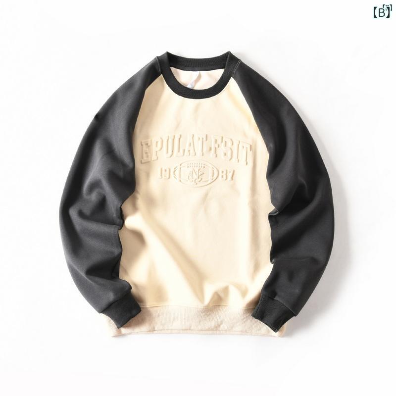 メンズ　男性　メンズファッション　オシャレ　カジュアル アメリカ コットン 立体 プリント ラグラン 長袖 ラウンドネック スウェットシャツ 男性 秋 ボトム Tシャツ