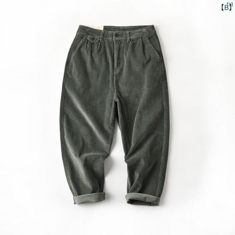 メンズ　男性　メンズファッション　オシャレ　カジュアル コットン コーデュロイ アミ カーキ レトロ 細 口 テーパード パンツ 春秋 0877