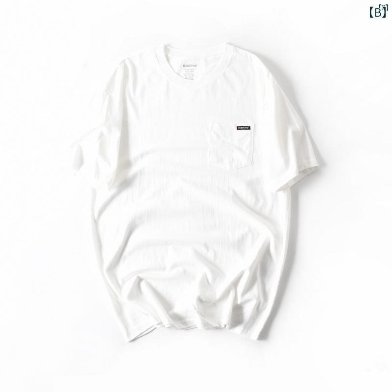 メンズ　男性　メンズファッション　オシャレ　カジュアル シングル コットン ウォッシュ 快適 通気性 ポケット 無地 カジュアル ラウンドネック 半袖 Tシャツ 男性 夏用