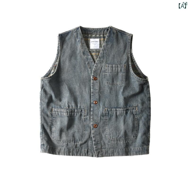 メンズ　男性　メンズファッション　オシャレ　カジュアル アメリカ コットン ダメージ 加工 Vネック デニム ベスト メンズ 秋 カジュアル チョッキ ジャケット