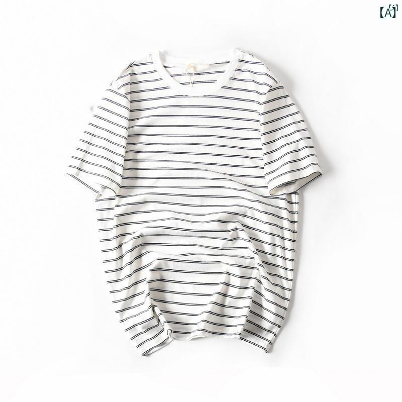 メンズ 男性 メンズファッション オシャレ カジュアル アメリカ コットン 快適 通気性 カジュアル ラウンドネック ストライプ 半袖 Tシャツ メンズ 夏