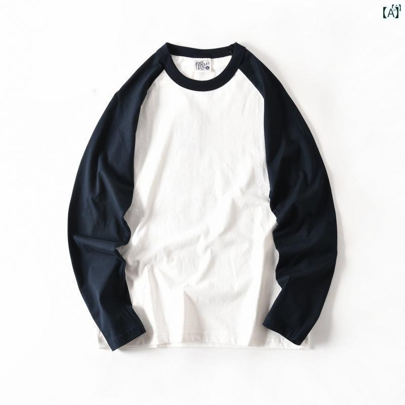 メンズ　男性　メンズファッション　オシャレ　カジュアル アメリカ コットン コントラスト ラグラン 長袖 ラウンドネック Tシャツ 男性用 秋 カジュアル ボトム シャツ