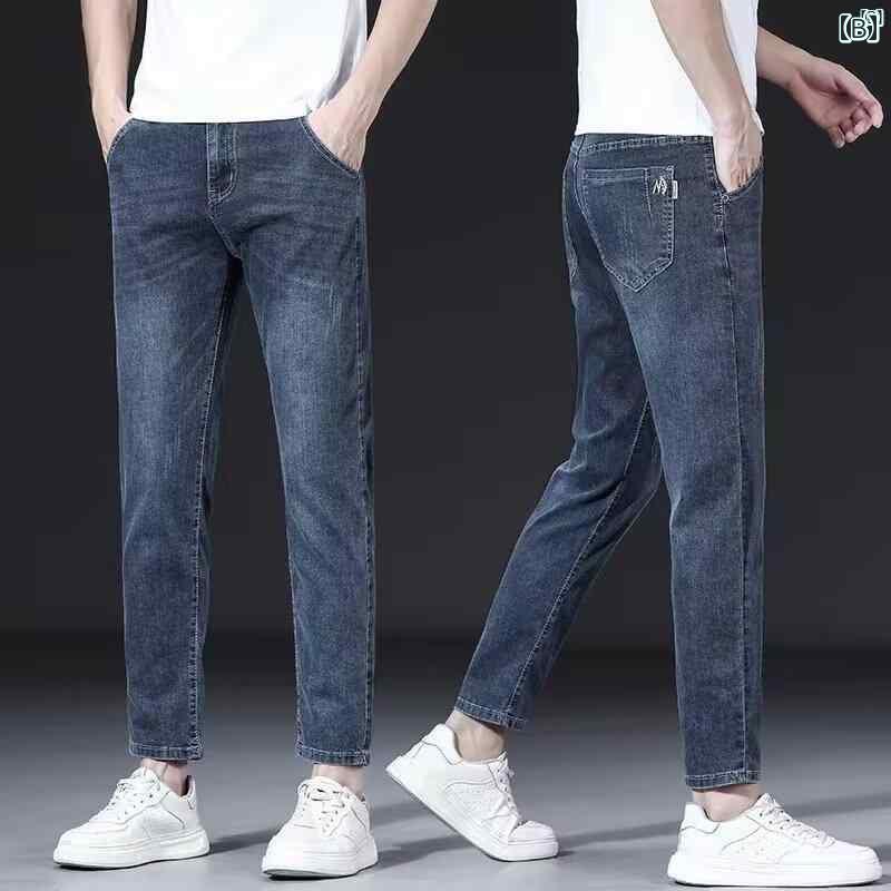 メンズ　男性　メンズファッション　オシャレ　カジュアル シンプル 斜め ポケット ジーンズ 明るい 色 伸縮性 スリムフィット クロップド パンツ ハイエンド ロング