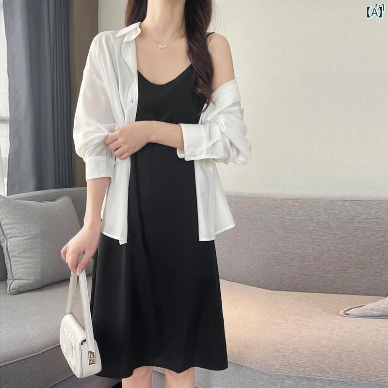 レディース　レディース　ファッション　オシャレ　カジュアル ソリッドカラー ミドル丈 ブラック サスペンダー スカート 夏 スーツ ボトニング ベスト 抗 露出