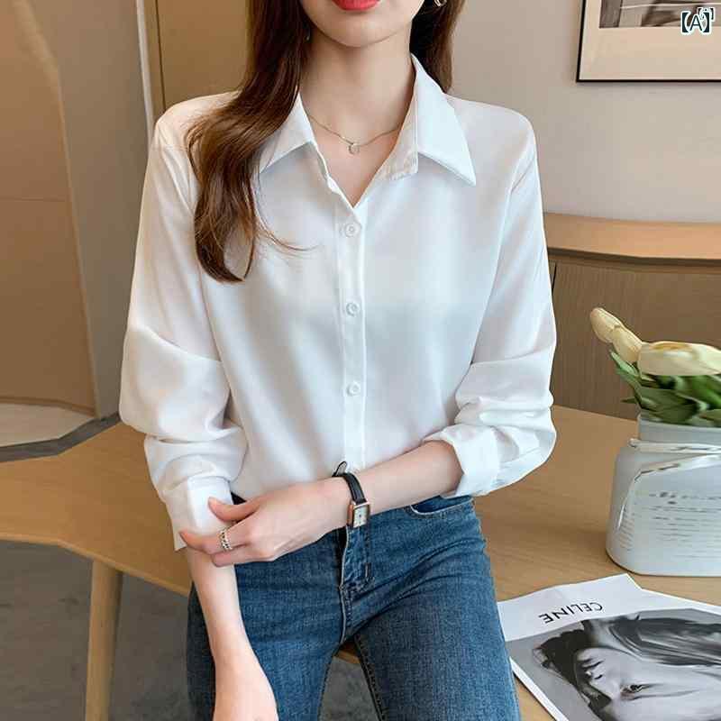 レディース　レディース　ファッション　オシャレ　カジュアル 長袖 ホワイト シャツ 春秋 韓国 レトロ シンプル 無地 スリム ポロ カラー