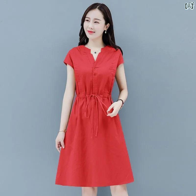 レディース　レディース　ファッション　オシャレ　カジュアル 春夏 大きいサイズ 無地 コットン リネン Vネック 半袖 ドレス ウエスト ミドル丈 Aラインイン スカート