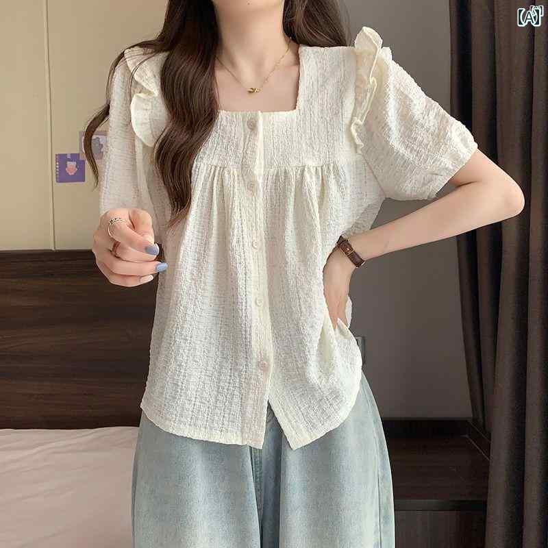 レディース　レディース　ファッション　オシャレ　カジュアル センス ユニーク シック ベビー ドール シャツ ラブ アーミー フレンチスクエア ネック 半袖