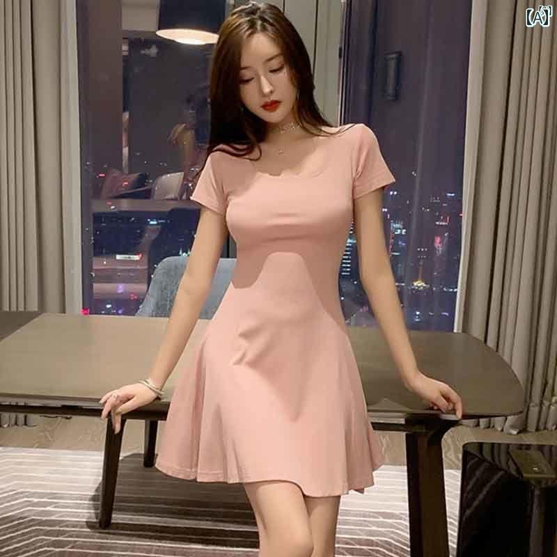 レディース レディース ファッション オシャレ カジュアル フランス ピンク 半袖 ドレス 夏 ファッション 大きい U ネック ウエスト スリム ショート Aラインイン スカート