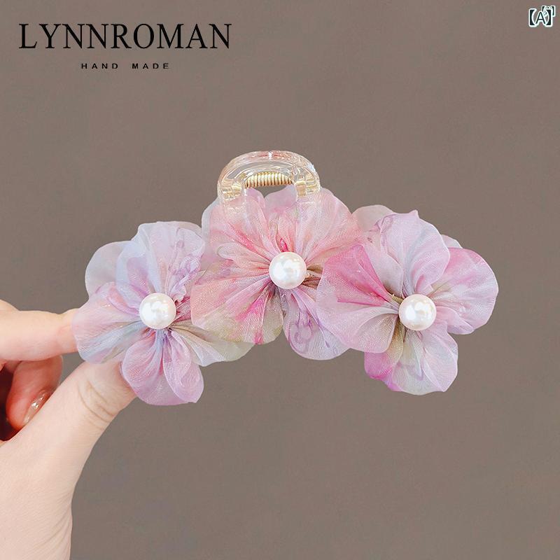 レディース アクセサリー　小物　かわいい　綺麗　ファッション　オシャレ LYNNROMAN 高級 夏 スーパー フェアリー メッシュ パール フラワー グリッパー後頭部 大きい シャーク クリップ