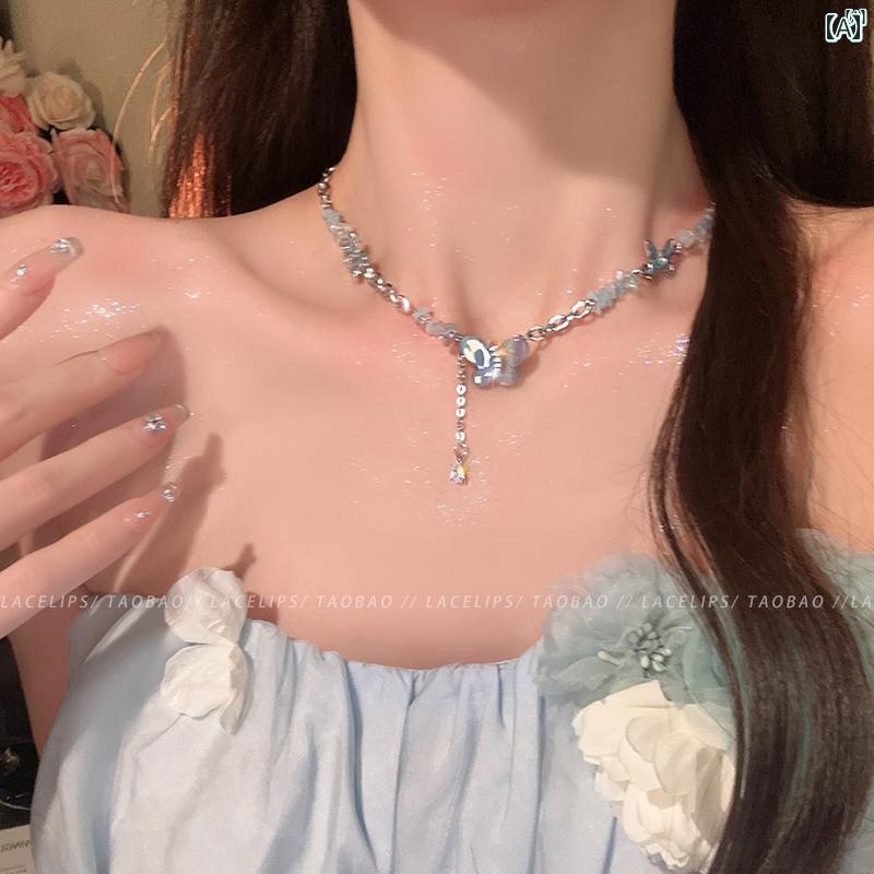 レディース　ファッション　レディース　オシャレ　綺麗　アクセサリー ブルー トレース シー バタフライ オーシャンブルー パールペンダント ネックレス ライト 高級 鎖骨 チェーン アクセサリー