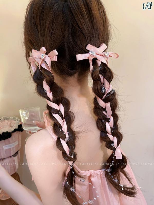 レディース　ファッション　レディース　オシャレ　綺麗　アクセサリー プリンセスマーメイド リボン ガラス ビーズ タッセル ヘアピン バレエ 風 ストリーマー ダブル ポニーテール ヘア アクセサリー