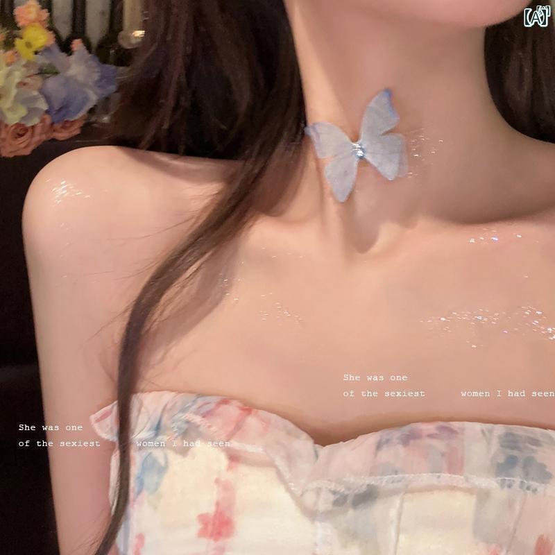 レディース　ファッション　レディース　オシャレ　綺麗　アクセサリー ガールズ 天 彩 蝶 チョーカー ネックレス レディー スクール スタイリッシュ ガール クール 鎖骨 チェーン イン(4)