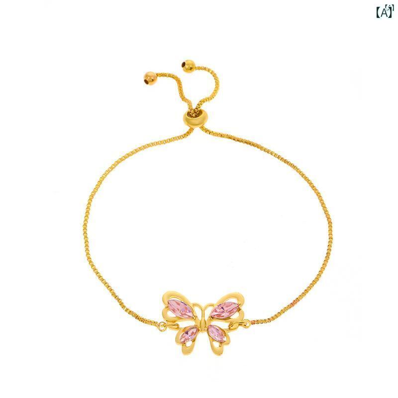 ユニセックス 男性 レディース アクセサリー オシャレ ピンクジルコン バタフライ ブレスレットットット ット イン シンプル プルアウト レディース ギフト
