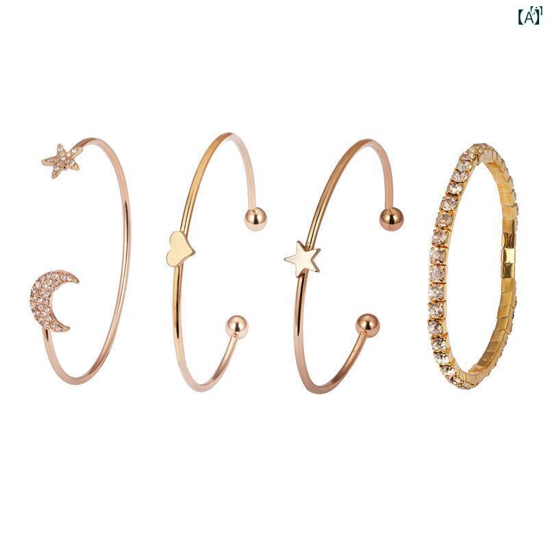 ユニセックス 男性 レディース アクセサリー オシャレ シンプル 星 月 散りばめた 光沢 ピーチ ハート スターブレスレットットット ット 韓国 レディース ラウンド オープン プレーン リング ブレスレットットット