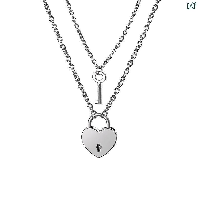 ユニセックス 男性 レディース アクセサリー オシャレ アメリカ パン クラブ キー 南京 錠 ネックレス セット クール スチール チェーン 非退色 親友 カ...