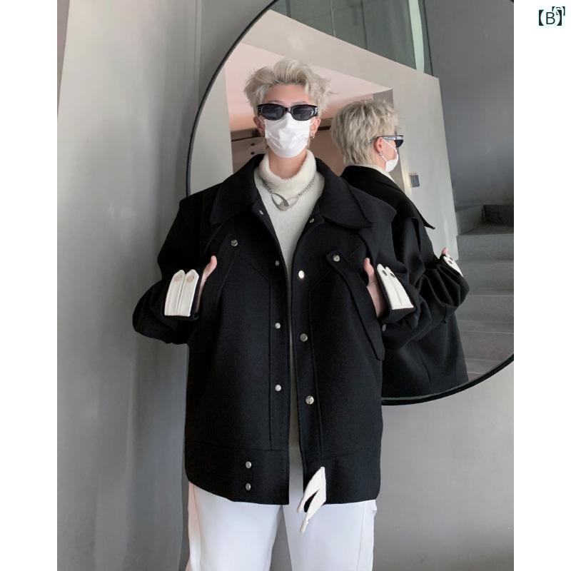 メンズ　ファッション　カジュアル クリーン フィット 分解 フェイク 2点 ジャケット 冬 ショート ウール コート ハイエンド オートバイ