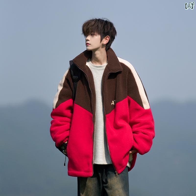 メンズ　ファッション　カジュアル 冬用 カラー ブロック ラムウール コットン入り ジャケット ティーンエイジャー ベルベット 厚手 暖..