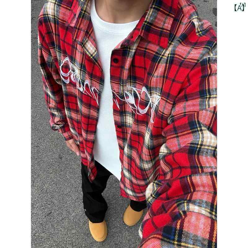 メンズ　ファッション　カジュアル クリーン フィット レッド チェック柄 シャツ 春秋 アメリカン レトロ 刺繍 長袖 クール ジャケット