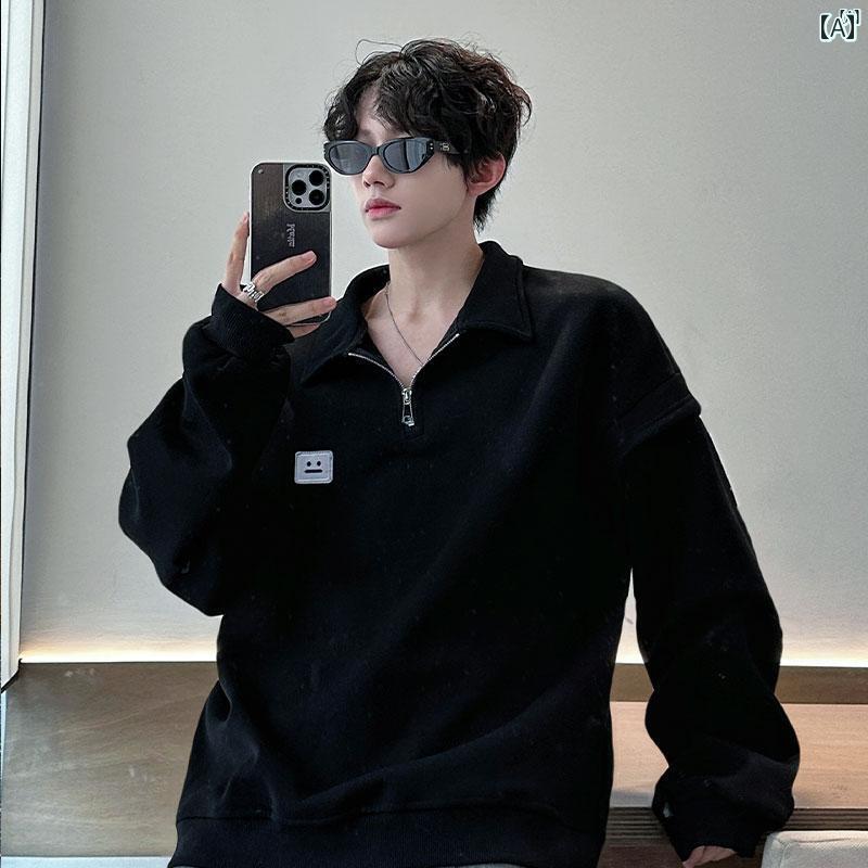 メンズ ファッション カジュアル 秋冬 雰囲気 着る スウェットシャツ アメリカン ヘビー ベルベット 厚手 ハーフ ジップジャケット トップ