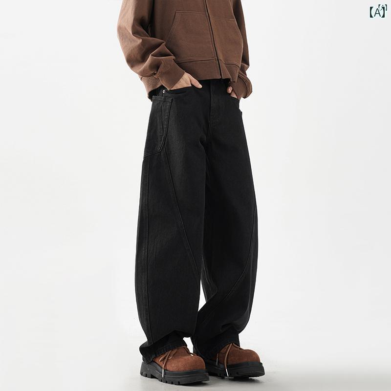 メンズ　ファッション　カジュアル 秋冬用 アメリカン マチェーテ ジーンズ ワイド レッグ バナナ 鎌 パンツ つぎ 合わせた 縦型 だぶだぶ ワークパンツ