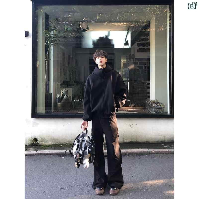 メンズ　ファッション　カジュアル クリーン フィット グレー タートルネック スウェットシャツ ヘビーウェイト アメリカン カーディガン コート 秋冬 ハイエンド パーカー