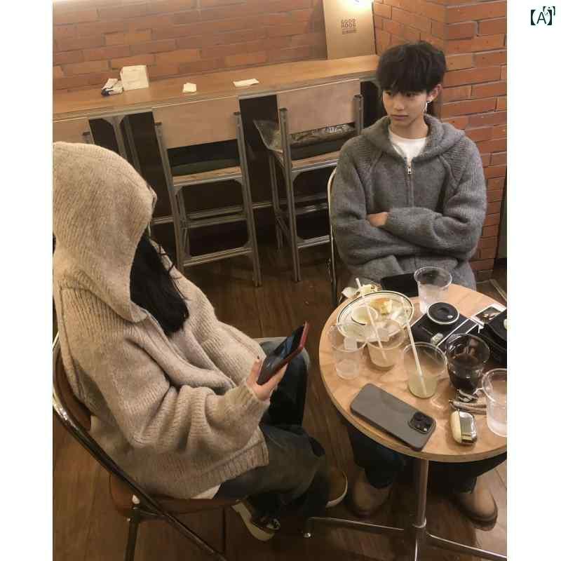 メンズ　ファッション　カジュアル クリーン フィット アメリカン カップル ニットカーディガン ジャケット 秋冬 セーター ハイエンド フード付き