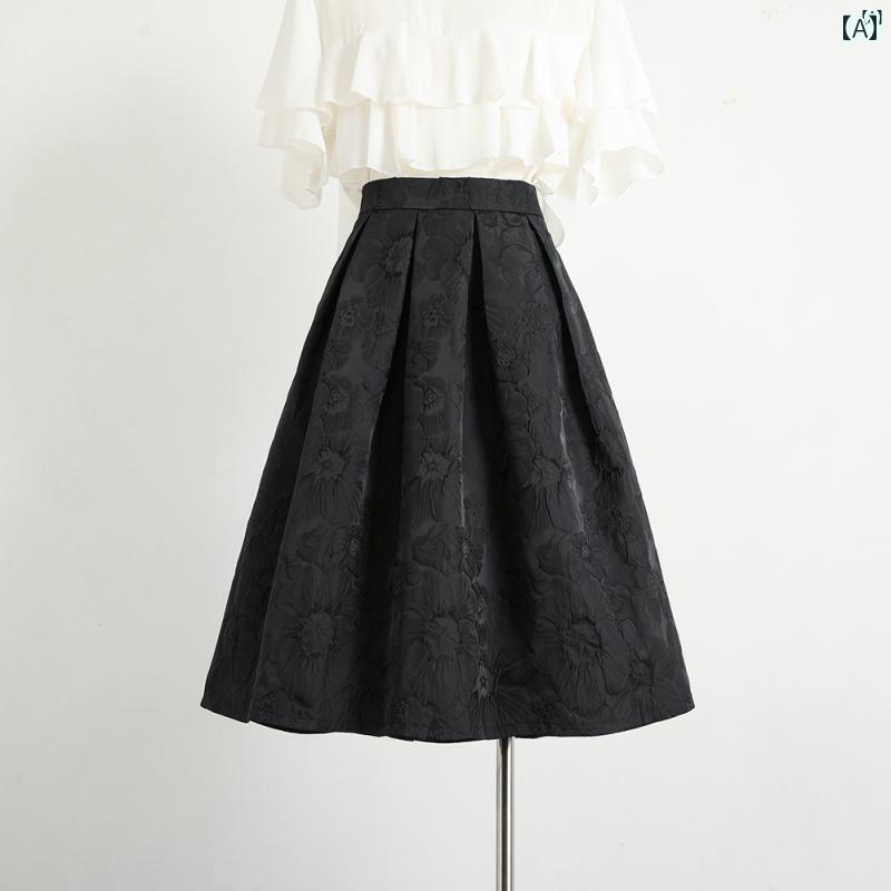 レディース オシャレ　レディース　ファッション　上品 春秋 新 ハイウエスト 立体 パターン ミドル丈 パフ スカート ブラック スリム 尻 カバー 大きいサイズ レディース(4)