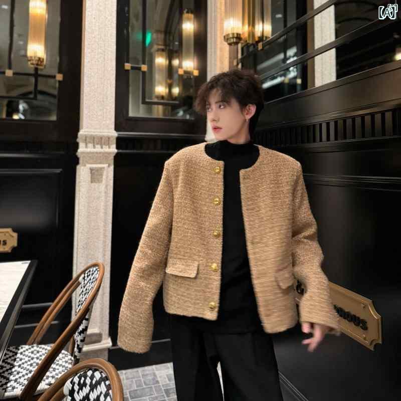 楽天shop I.D.Hメンズ　ファッション　カジュアル 男性用 肩 パッド入り ニット 小柄 香り ジャケット 秋冬 韓国ノー カラー ショート ウール 男性 着用
