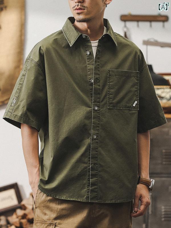 メンズ　カジュアル　男性　オシャレ ジェイ レノ アメリカン レトロ ワークシャツ メンズ 半袖 夏 ウォッシュ シルエット タフ ハンティング スーツ メンズカジュアル シャツ