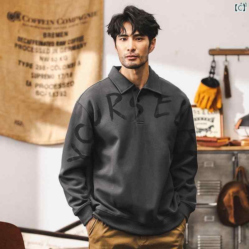 メンズ　カジュアル　男性　オシャレ アメリカン ヘビーウェイト 380 グラム レトロ 長袖 ポロシャツ 男性用 秋 ピケ コットン カジュアル スウェットシャツ