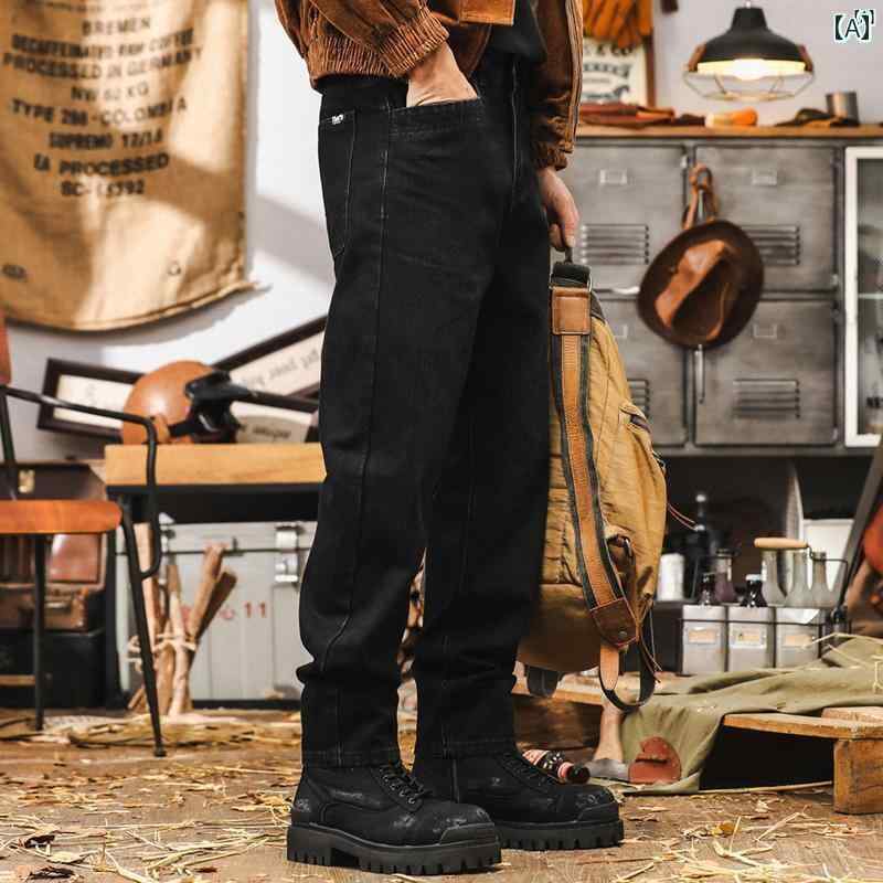 メンズ カジュアル 男性 オシャレ アメリカン レトロ ブラック ジーンズ 秋 発酵 パンツ ストレート カジュアル