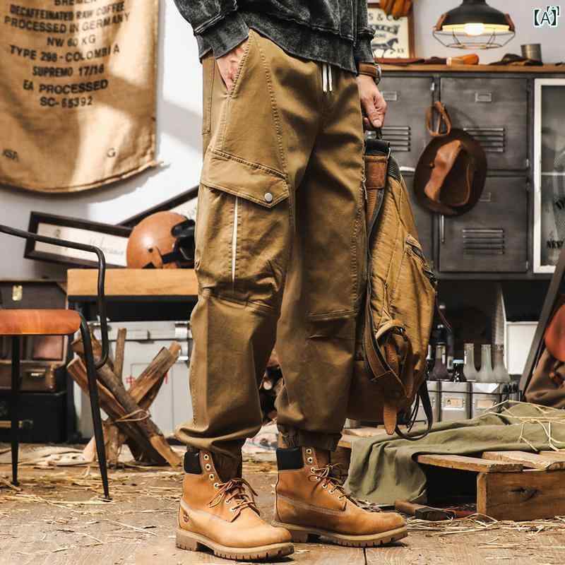 メンズ　カジュアル　男性　オシャレ アメリカン レトロ オーバー オール 男性用 たり カーキパンツ 秋 レッグ タイ カジュアル パンツ
