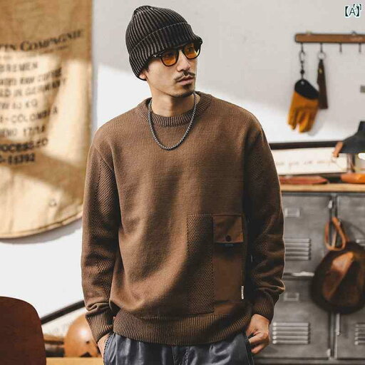 メンズ カジュアル 男性 オシャレ アメリカン レトロ 厚手 セーター 冬 ポケット パッチワーク トップ メンズ カジュアル 男性 オシャレ アメリカン レトロ 厚手 セーター 冬 ポケット パッチワーク トップ