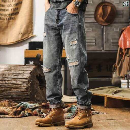 メンズ カジュアル 男性 オシャレ ジェイ レノ アメリカン レトロ リップド ジーンズ 秋 ストレート 大きいサイズ ウォッシュド カジュアル パンツ メンズ カジュアル 男性 オシャレ ジェイ レノ アメリカン レトロ リップド ジーンズ 秋 ストレート 大きいサイズ ウォッシュド カジュアル パンツ