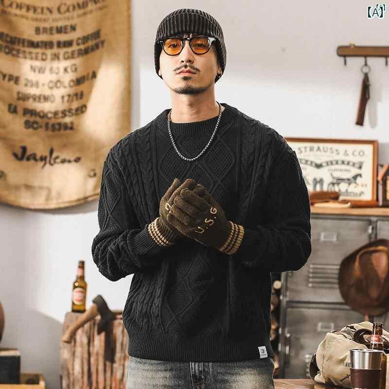 メンズ　カジュアル　男性　オシャレ アメリカン レトロ ヘビーウェイト 厚手 ツイスト セーター 男性用 秋冬 ファッション たり ジャケット