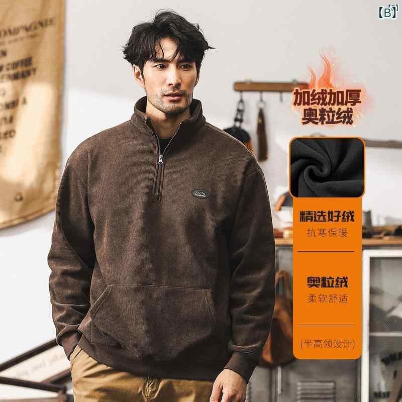 メンズ　カジュアル　男性　オシャレ 冬用 アメリカン レトロ コーデュロイ ハーフ タートルネック スウェットシャツ ベルベット プラス し 暖かい カジュアル ジャケット 秋冬 保ちます