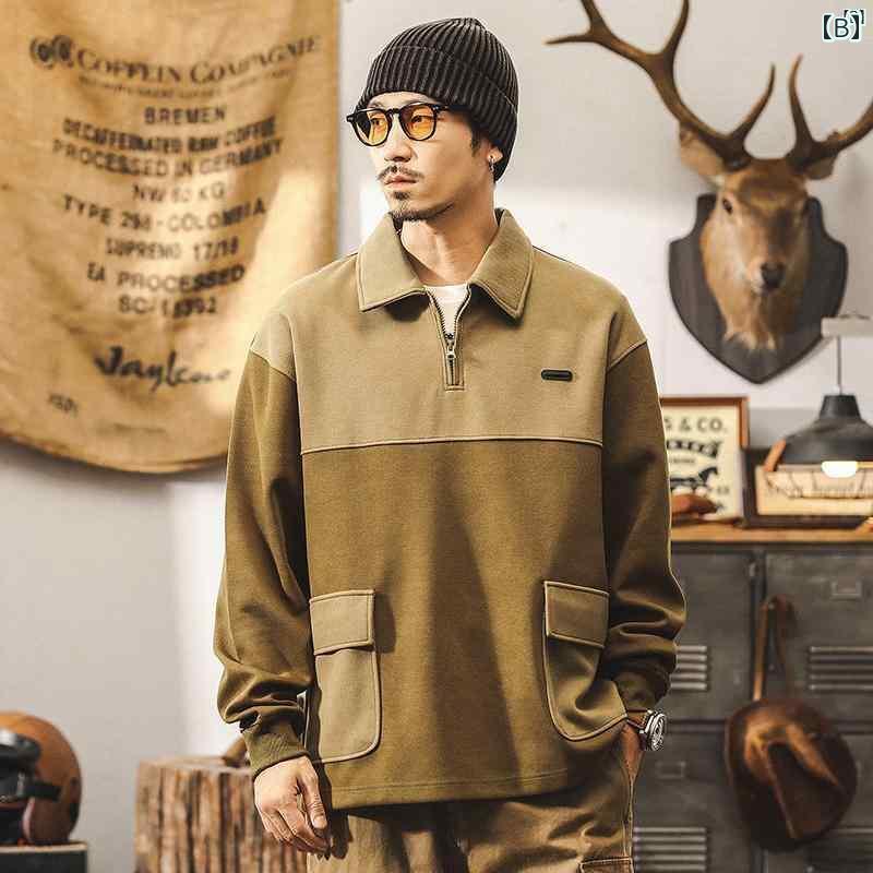 メンズ　カジュアル　男性　オシャレ アメリカン レトロ 3 グラム ヘビーウェイト スウェットシャツ 男性用 秋 ステッチ ポケット ポロシャツ